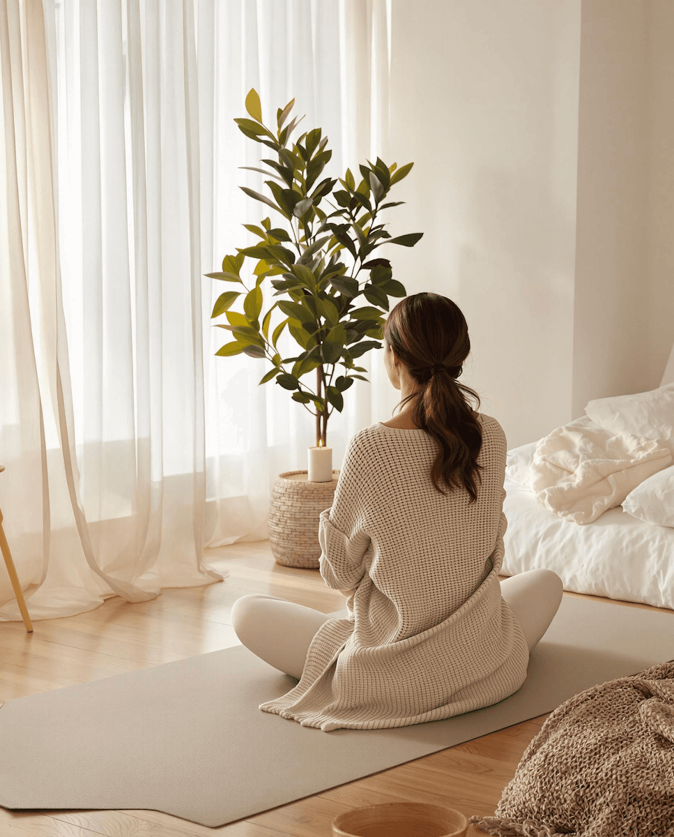 Une personne assise sur un tapis près d'un lit, chez elle, dans une lumière douce.